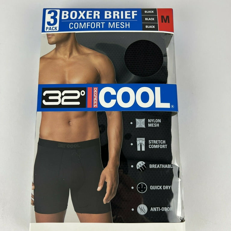 32 Degrees Cool Men's 3-Pack Comfort Mesh Boxer Brief (Black, Medium)