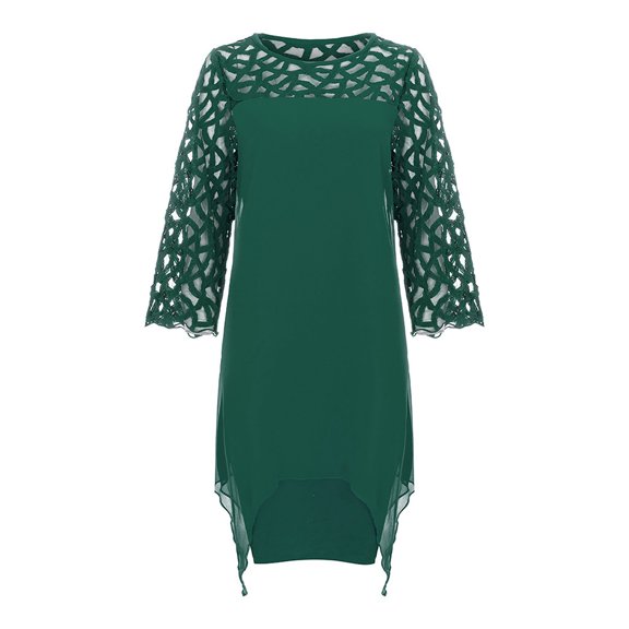 Lilgiuy Women Lady Patchwork Mesh Crewneck Three Quarter Sleeve Plus Size Dress Green 2022 Fall Winter