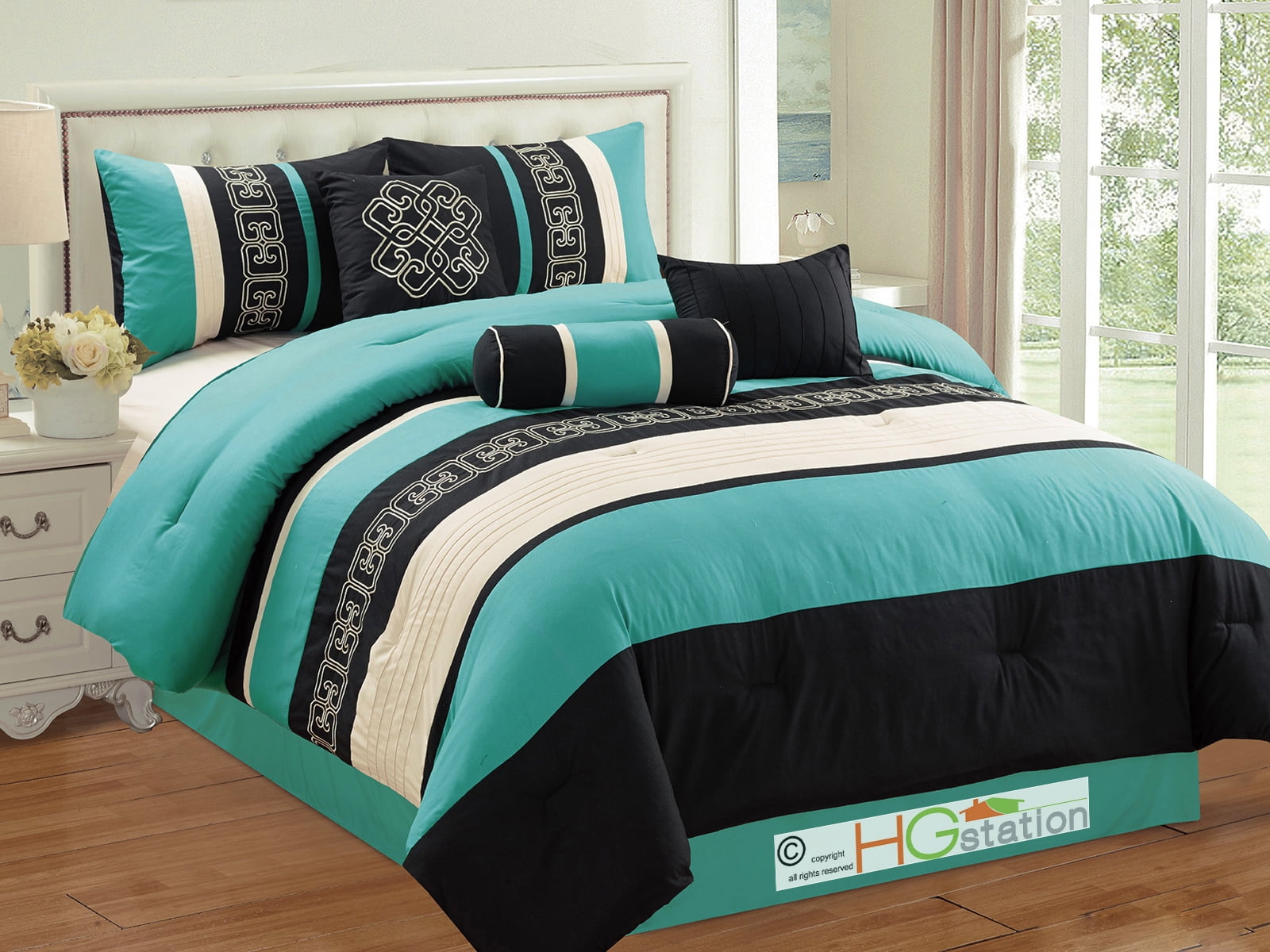 7 Pc Greek Key Meander Motif Embroidery Pleated Comforter Set 7 Pc Greek Key Meander Motif Embroidery Pleated Comforter Set Turquoise Blue Black Ivory Queen Com