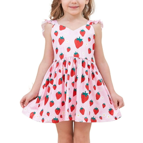 Toddler Pink Strawberry Dress Girls Dresses Summer Casual Beach Sundress Outfits Kids Clothes Size 4T (569-4)