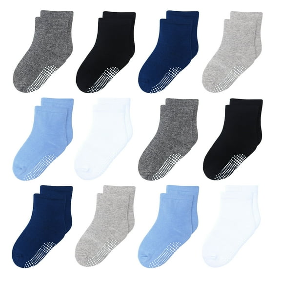 12 Pack Non Slip Kids Toddler Baby Socks with Grips for 1-7 Years Boys Girls Cotton Crew Socks Multi Colors