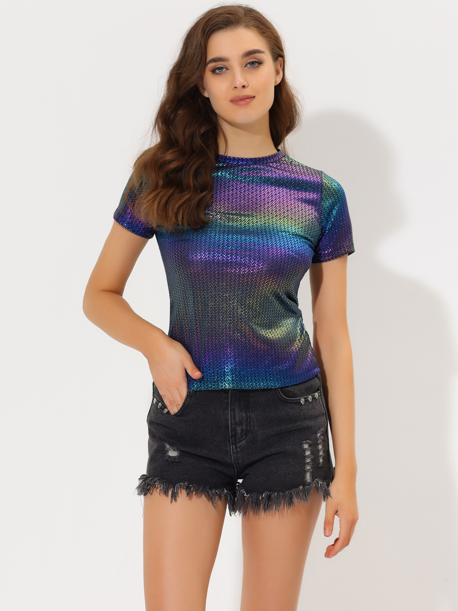 DARING DIVA Party Metallic Textured Short Sleeve Shiny Tops S Dark Blue
