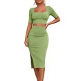 thumbnail image 2 of KIHOUT Women 2 Piece Summer Ribbed Outfit Square Neck Short Sleeve Cropped Top High Waist Slit Midi Bodycon Skirt Casual Matching Set For Club Party Dating, 2 of 8