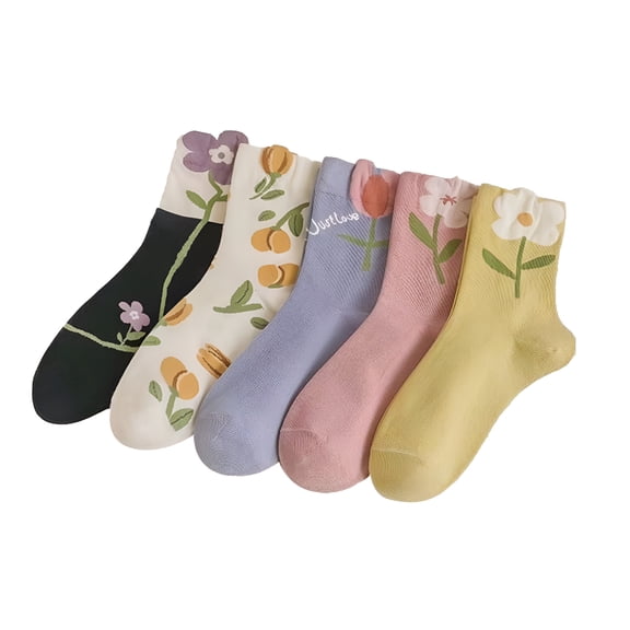 TELOLY 5 Pairs Cute Soft Cotton Socks Floral Crew Socks for Women and Teen Girls for Sports and Daily Wear
