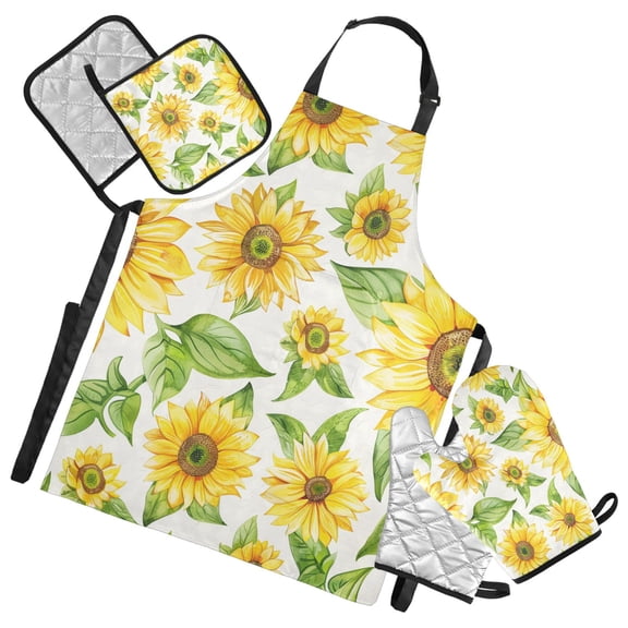 Watercolor Sunflowers 5 Pcs Kitchen Set Heat Resistant Oven Mitts and Non-Slip Pot Holders with Adjustable Cooking Apron