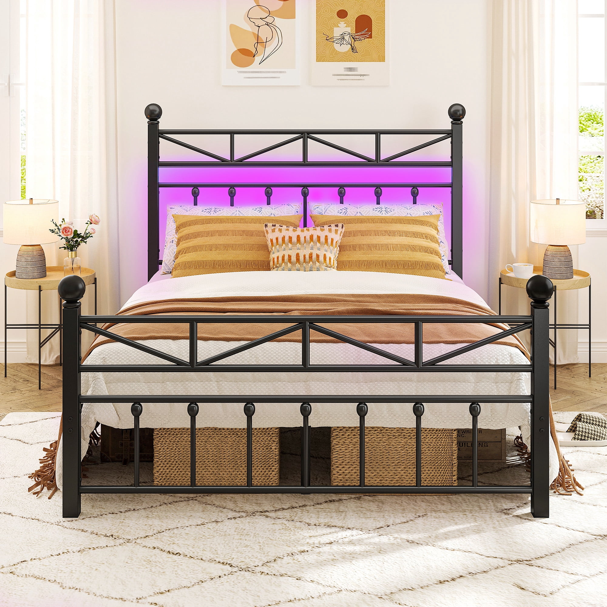 EnHomee Full Size Metal Platform Bed Frame Metal Bed Frame Full with Headboard & Footboard Bed Frame with LED Lights & Storage, Noise Free, Black