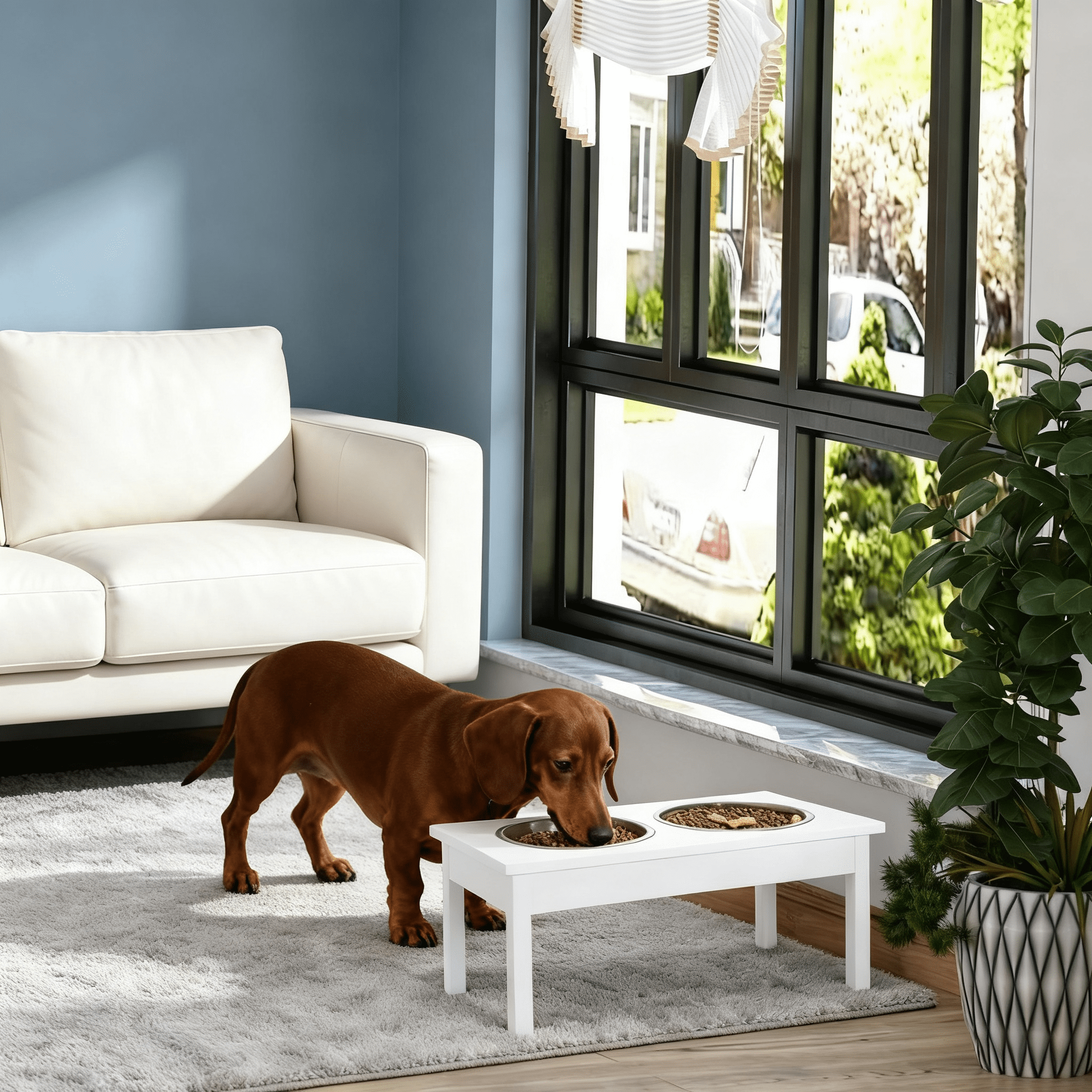Elevated Dog Bowls, 2-in-1 Raised Pet Feeder with Stainless Steel Bowls, Non-Slip MDF Feeding Station for Small Medium Dogs Like French Bulldog Pug Beagle