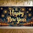 thumbnail image 5 of Golden Letters Happy New Year Banner Clock Design New Year Banner Fireworks Pattern Dark Blue Background Celebration Banner for New Year Party New Year's Eve Celebration Indoor Decoration, 5 of 8