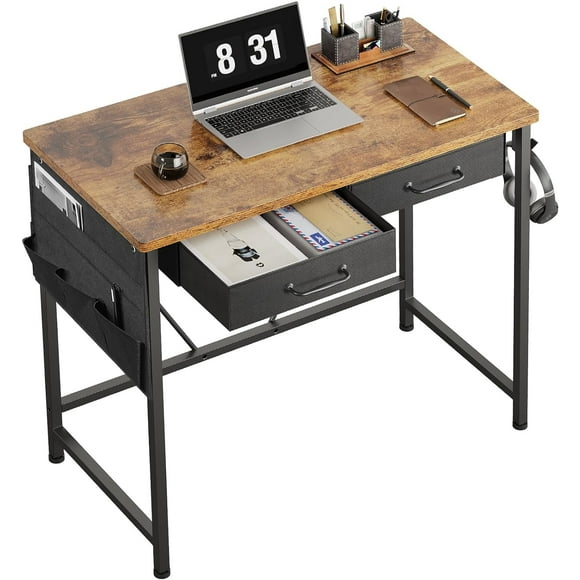 Maihail Small Desk with Drawers, 31.5 inch Small Computer Desk, Writing Desk for Small Spaces, Small Office Desk with Metal Frame, Rustic Brown