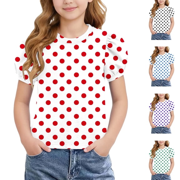 Girls Short Sleeve Crew Neck T-Shirt for Ages 4-15, Polka Dot Print Cute Puff Bubble Sleeve Blouse Soft Breathable Casual Summer Basic Tee for Little & Big Kids Red