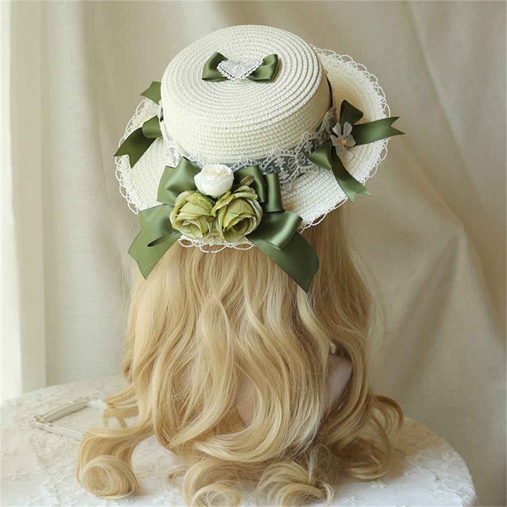 lanema Lace Flower Sun Protective Hat for Girls French-Style Bonnet Sweet WovenStraw Cap Wide Brimmed Hat Summer Headdress