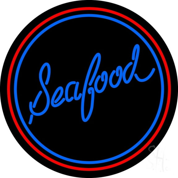 Round Seafood LED Neon Sign 18 x 18 - inches, Clear Edge Cut Acrylic Backing, with Dimmer - Bright and Premium built indoor LED Neon Sign for restaurant window and interior decor.