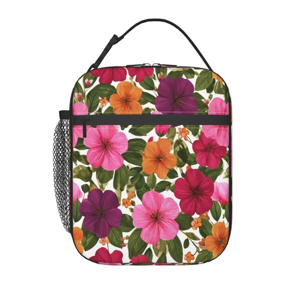 Palm Leaves Hibiscus Flowers Lunch Bag for Office Women – Stylish Thermal Insulated Tote with Shoulder Strap, Lightweight for Work or Travel