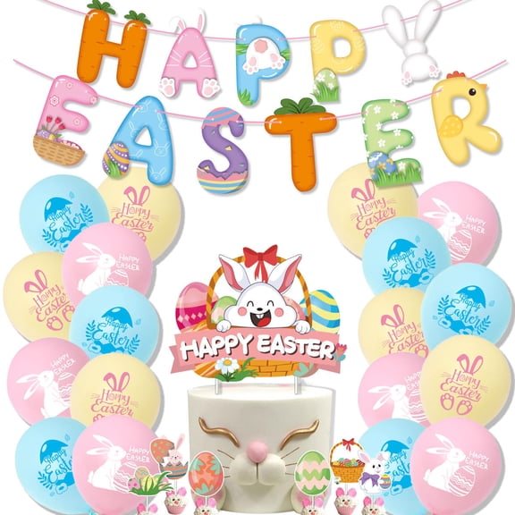 37 Pcs Easter Decorations Indoor Easter Décor, Easter Balloons, Happy Easter Banner, Egg Bunny Cup cake Topper for Home Office School Classroom Easter‘s Day Themed Party Decorations