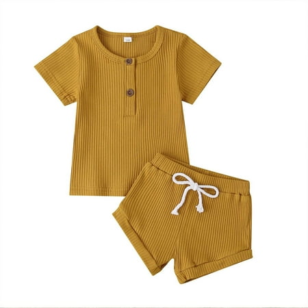 

Fesfesfes Newborn Baby Boy And Girl Summer Solid Color Top + Pants Two-piece Suit