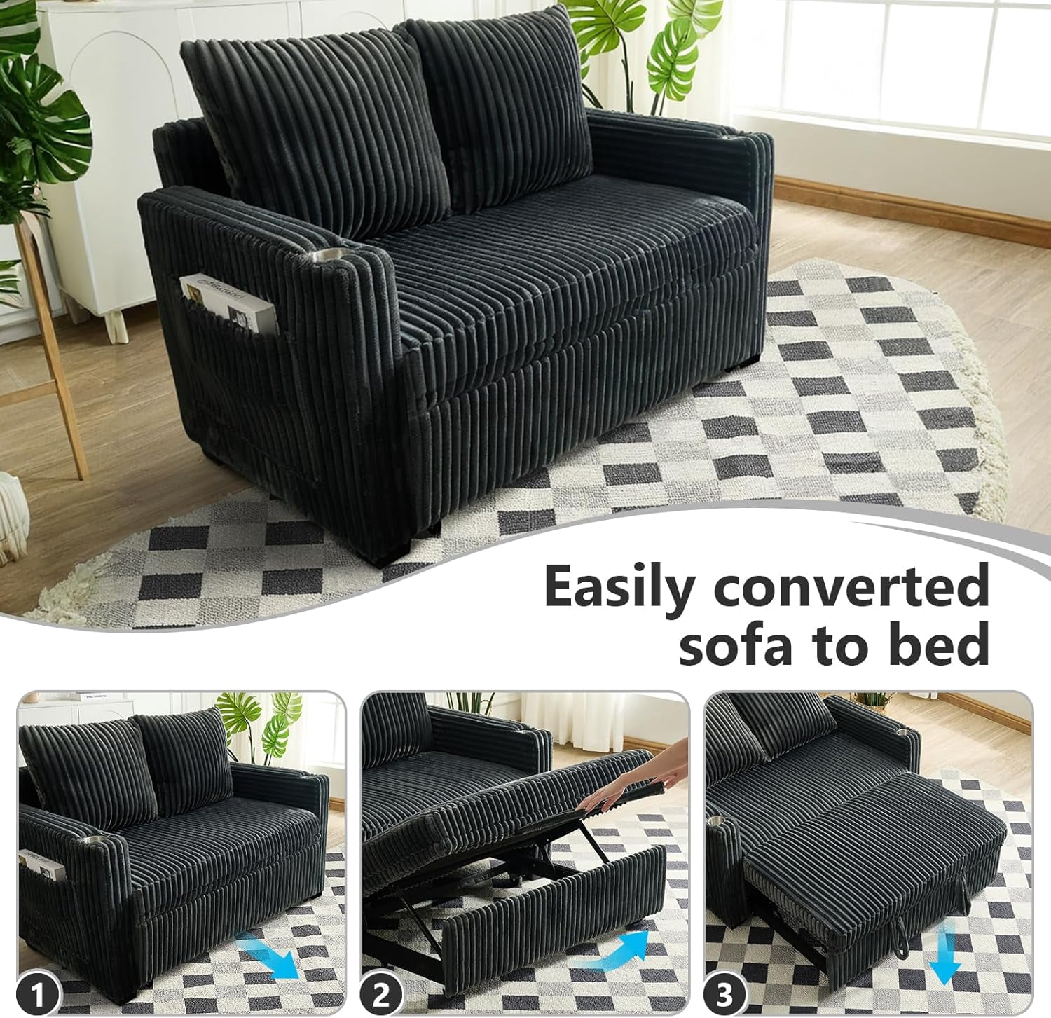 53" Convertible Corduroy Loveseat Sofa Bed with USB Charging, Cup Holders & Side Storage – Soft Corduroy Sleeper Sofa Lounge Recliner Chaise Daybed for Living Room, Bedroom, Office, Dark Gray