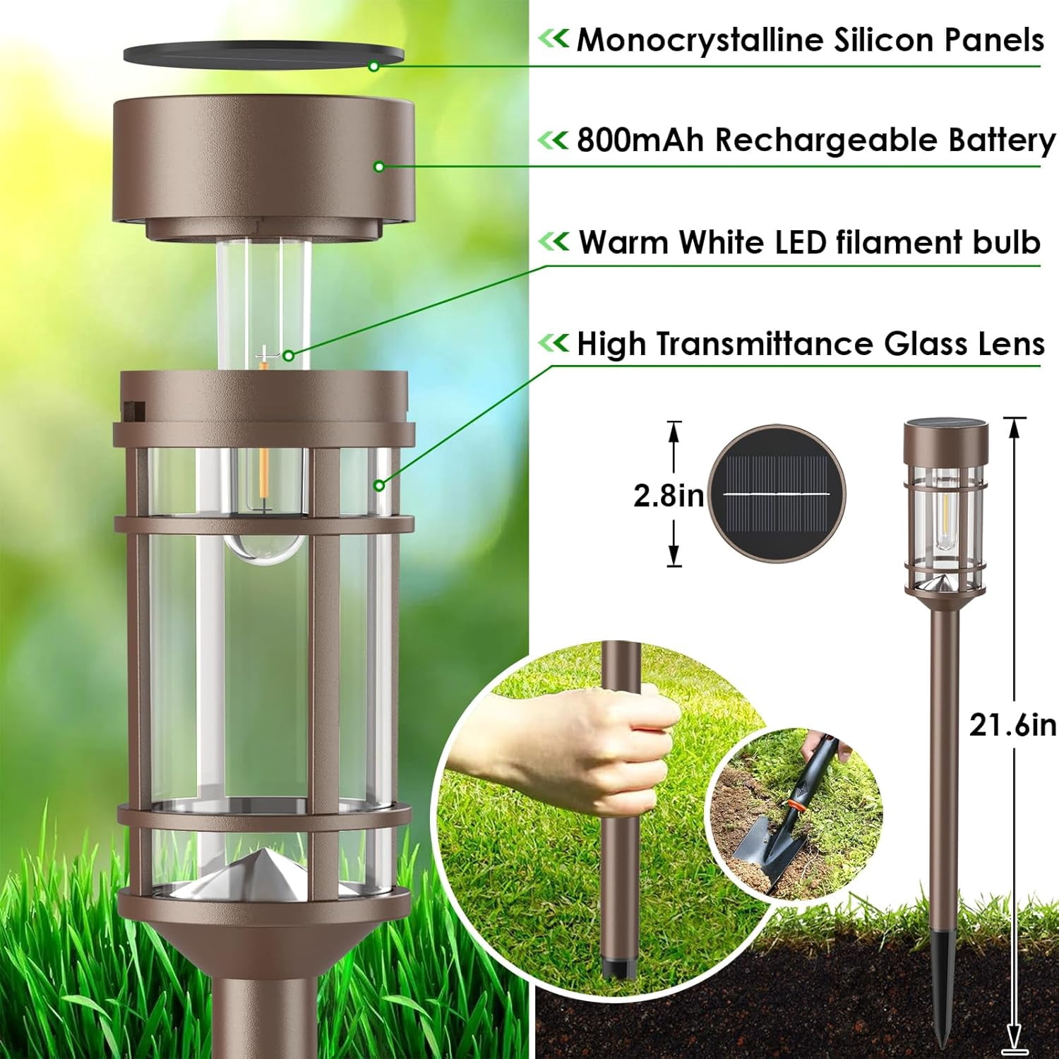 nunhole Solar Pathway Lights, 8 Pack LED Solar Lights Outdoor Waterproof, Glass Metal Garden Lighting for Yard Path Landscape Lawn Walkway Driveway, 3000K
