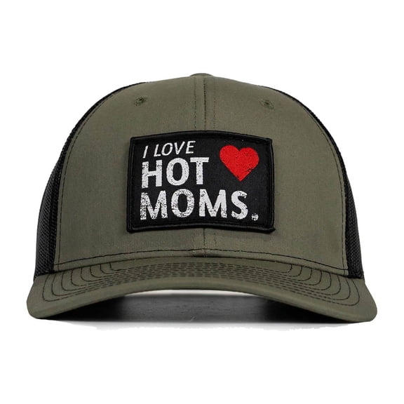 Combat Iron “I Love Moms” Patch Snapback Hat – Military Green / Black Mesh Baseball Cap, Mid Profile Structured Adjustable Fit, Pre-Curved Visor