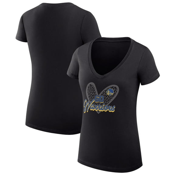 Women's G-III 4Her by Carl Banks Black Golden State Warriors Super-Slim Fit Lightweight Leopard Heart V-Neck T-Shirt