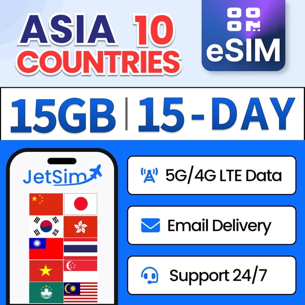 eSIM JETSIM 15 GB Asia Datos de viaje 15 días prepago