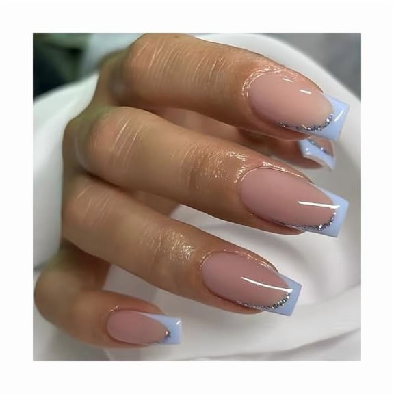 WEEKS French Press on Nails Medium Nude Coffin Fake Nails with Silver Glitter Design Acrylic Full Cover False Nails Artificial Glossy Glue on Nails for Women