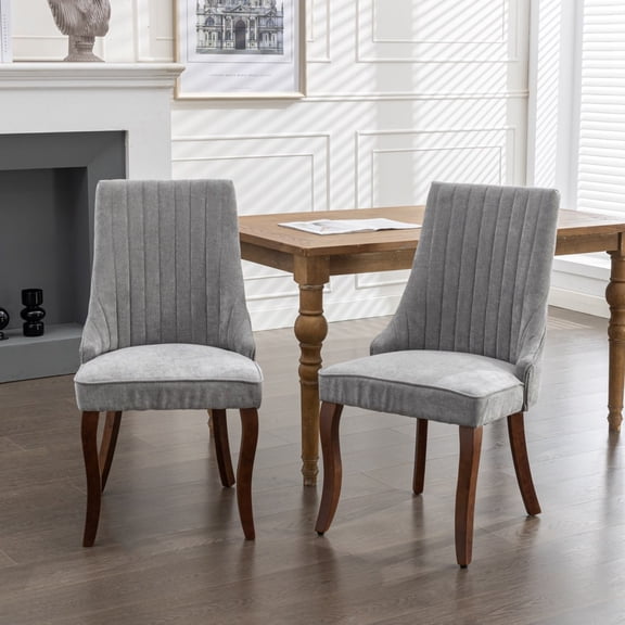 Upholstered Dining Chairs Set of 2, Channel Tufted High Back Kitchen & Dining Room Accent Chairs with Curved Solid Wood Legs
