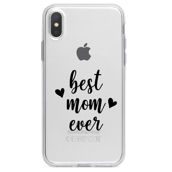 DistinctInk Clear Shockproof Hybrid Case for iPhone XR (6.1" Screen) - TPU Bumper Acrylic Back Tempered Glass Screen Protector - best mom ever - lowercase - hearts