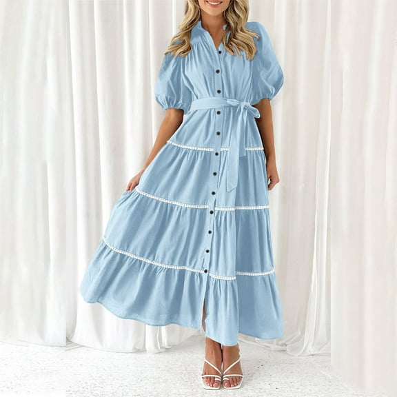 Homenesgenics Summer Dresses 2025 Women's Spring Shirt Dress Short Puffy Sleeve Tiered Ruffle Flowy Long Maxi Dresses Blue XXL