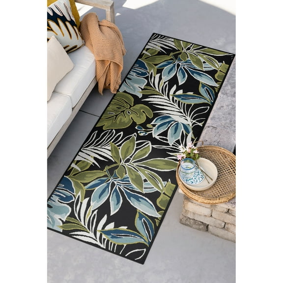 Stunning Transitional 2' x 7' Black and Blue Polypropylene Outdoor Area Rug
