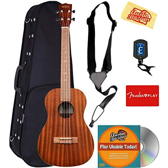 Kala KA-B Satin Mahogany Baritone Ukulele Bundle with Hard Case, Tuner, Strap, Austin Bazaar Instructional DVD, and Polishing Cloth