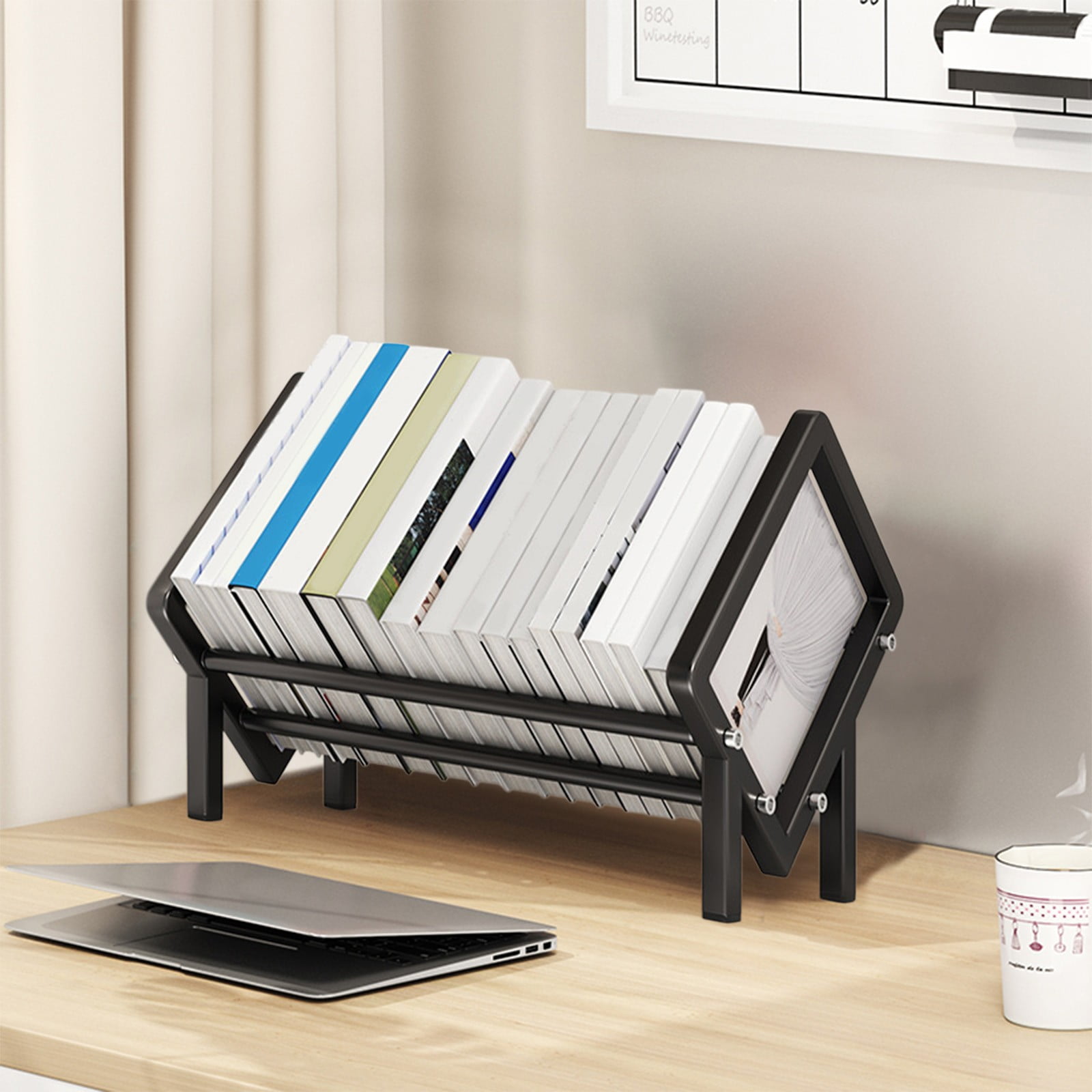 Merryso Stainless Steel Desktop Bookshelf, Black Desk Book Organizer, Small Open Shelf for Book/File/Study Supplies Storage, Rust Resistant Minimalist Desk Rack for Home Office