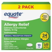 Equate 24 Hour Cetirizine Hydrochloride Allergy Relief Tablets, 10 mg, 180 Count