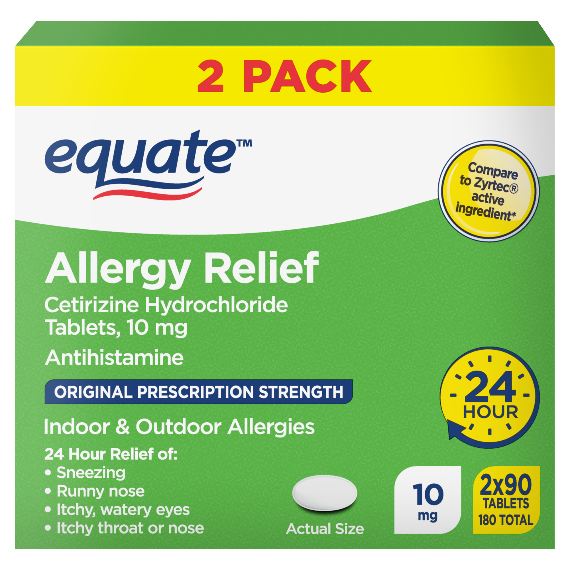 Equate Gluten-Free Cetirizine Allergy Medicine Tablets for Allergy 2-90 Count Bottles, 10mg, 180 Count