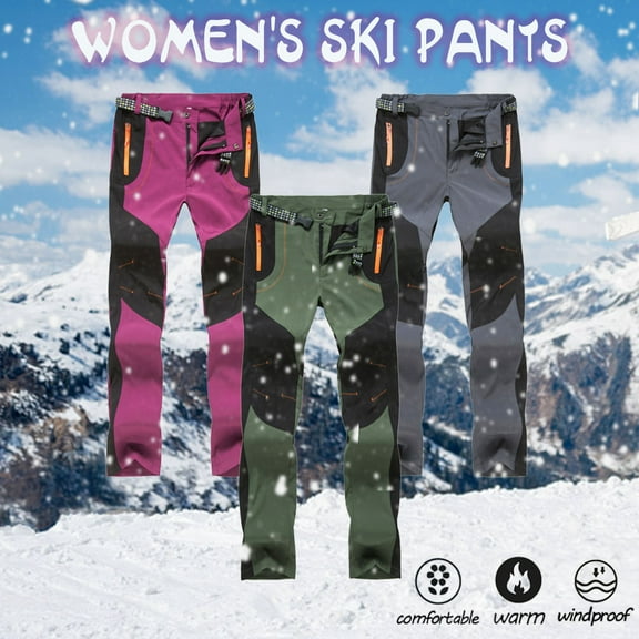 PXLKNZH Women's Ski Pants Color Block Outdoor Hiking Pants Winter Snow Pants High Waisted Fleece Insulated Pants with Pockets Green,L