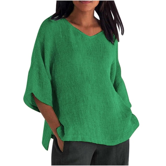 Helii T Shirts for Women V Neck Solid Color 3/4 Sleeve Tops Casual Loose Lightweight Linen Cotton Blouse for Spring Summer Fashion Clothing Green