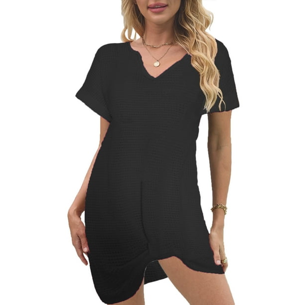 Vestido de punto para mujer - Vestido corto de playa con cuello en V y manga corta para piscina/fiesta en la playa
