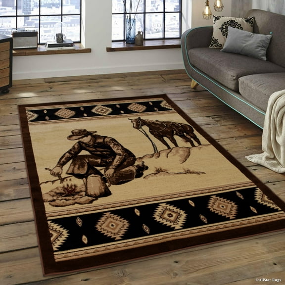 Brown Prints Fish Acorns Bear Cabin Moose Wildlife Area Rug (3' 9" x 5' 1")