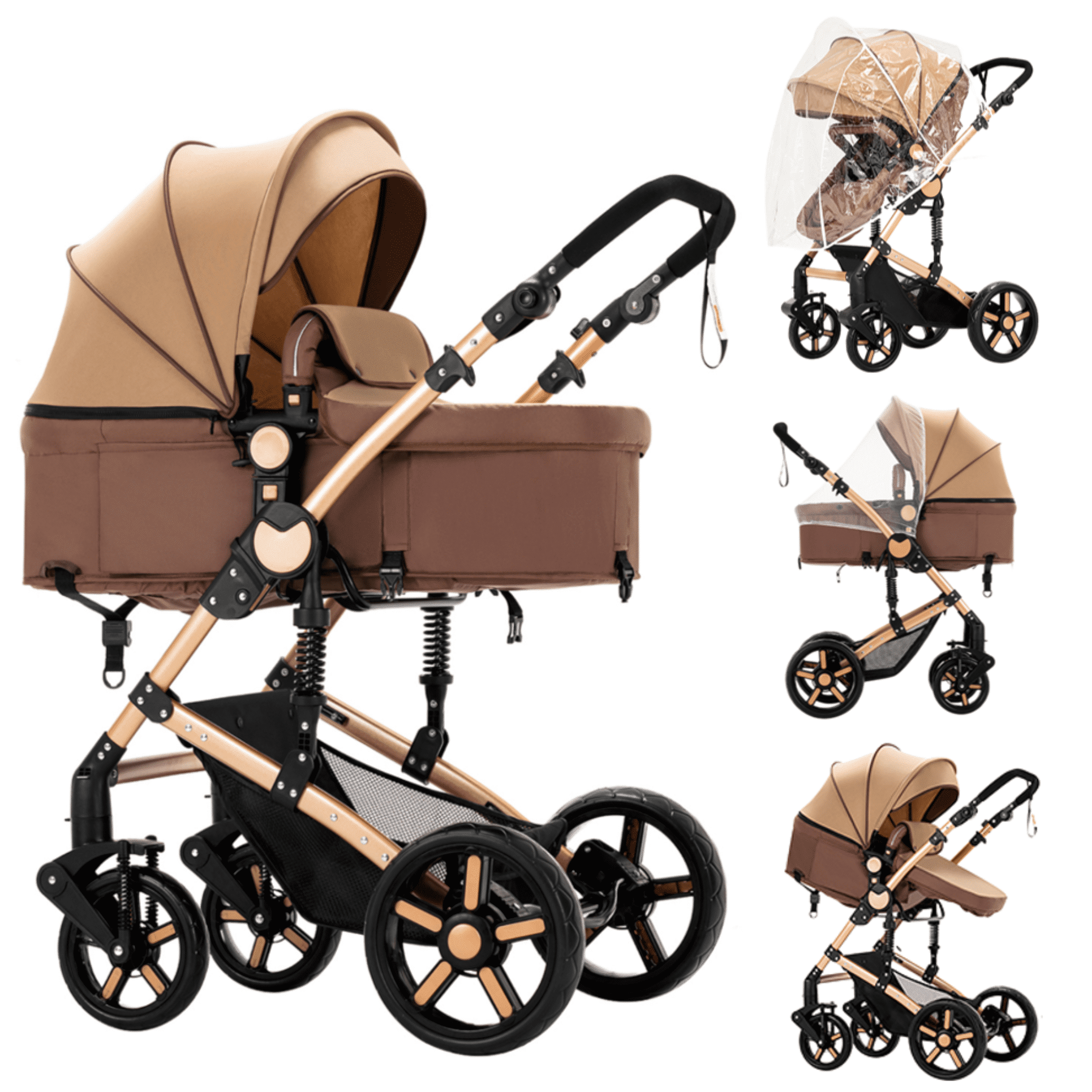 2-in-1 Convertible Baby Stroller, Adjustable Newborn Stroller,Travel Pushchair with Cup Holder, Rain Cover for 0-3 Years,Unisex,Khaki