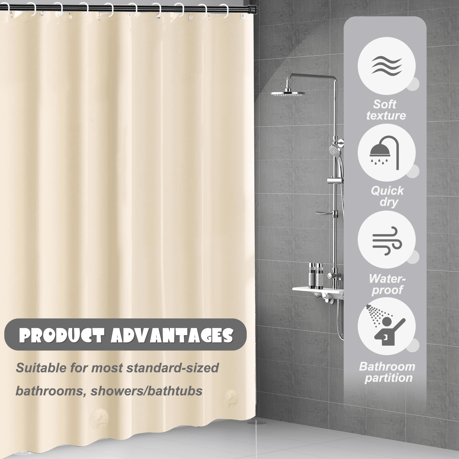 Dznils Extra Long Beige PEVA Shower Curtain Liner with Hooks Mildew Resistant, 72" W x 78" H, 2 Pack
