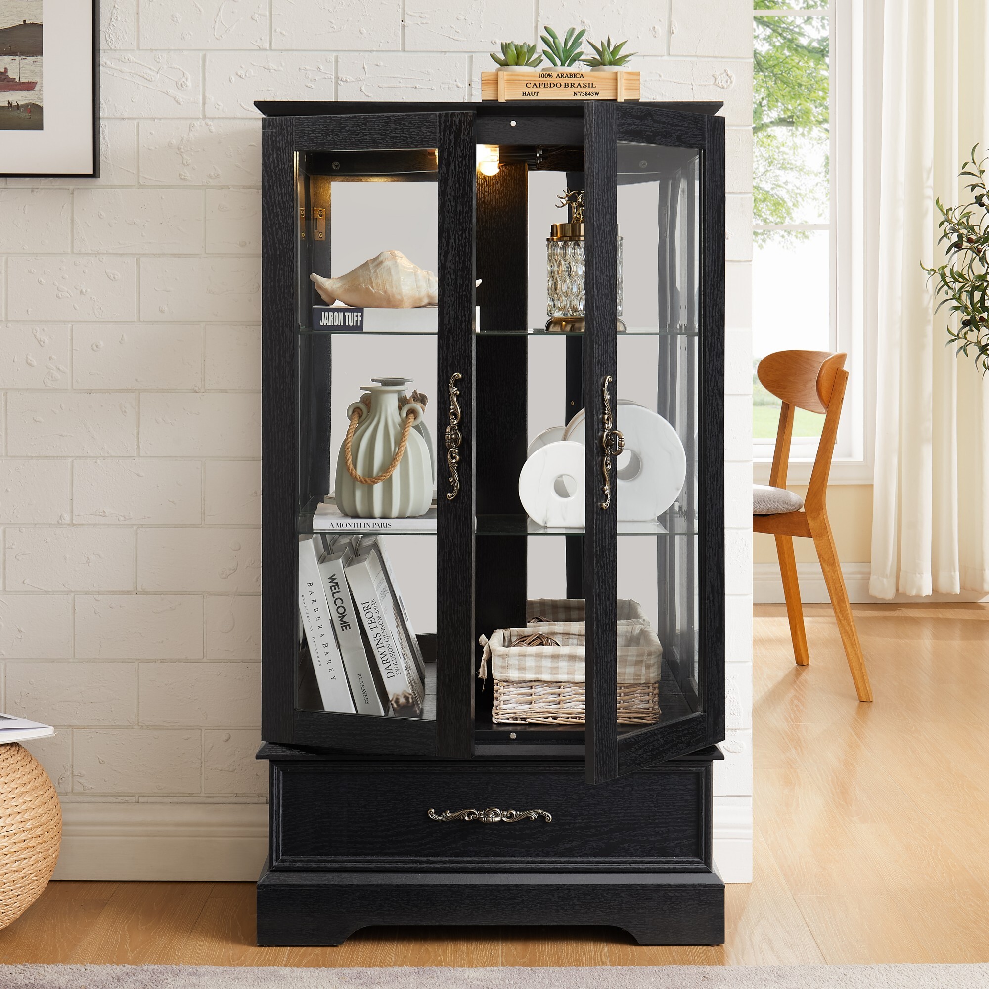 AENKYO 47" Retro Glass Curio Cabinet with Light Bulb - Vintage Display Case with Adjustable Glass Shelves, Black