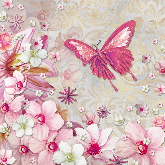 Art.com Whimsical Butterfly Pink Flowers Art Print by Megan Aroon Duncanson, 16" x 16"