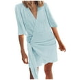 thumbnail image 2 of ZZwxWA Cotton and Linen V-Neck Midi Dress Short Sleeve Wrap Tie Mini Dress Casual Elegant Beach Work Vacation Travel Dresses, 2 of 6