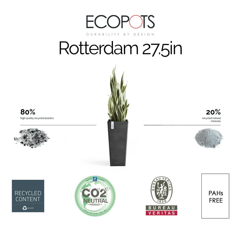 EcoPots Rotterdam Durable Indoor/Outdoor Modern Tall Rectangle Recycled  Plastic Planter Flower Pot, Dark Grey, 27.5