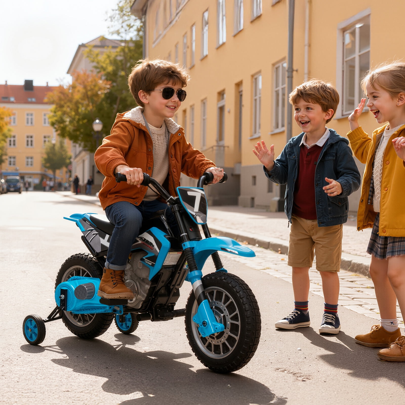 Mukidy 12V Electric Motorcycle for Kids Dirt Bike Ride on Toy Battery Powered Motorbike w/ Training Wheels, Age 3-8 Year Old, Blue