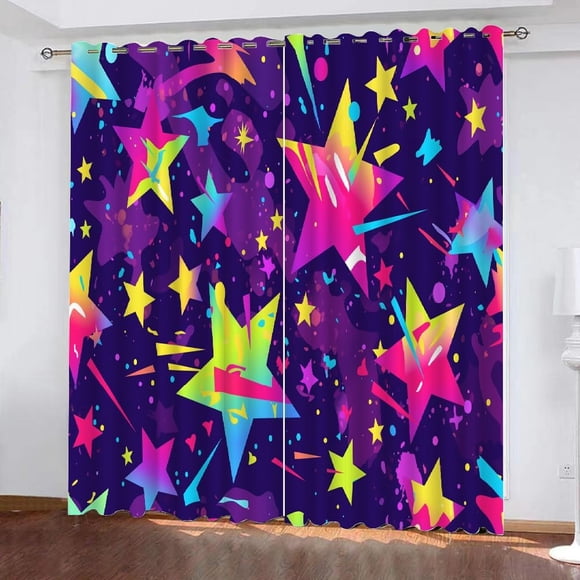 Blackout Curtains Colorful Bright Stars Purple Background 3D Printed, Window Drapes for Bedroom Living Room Kitchen 26"W x 45"L (Pack of 2)
