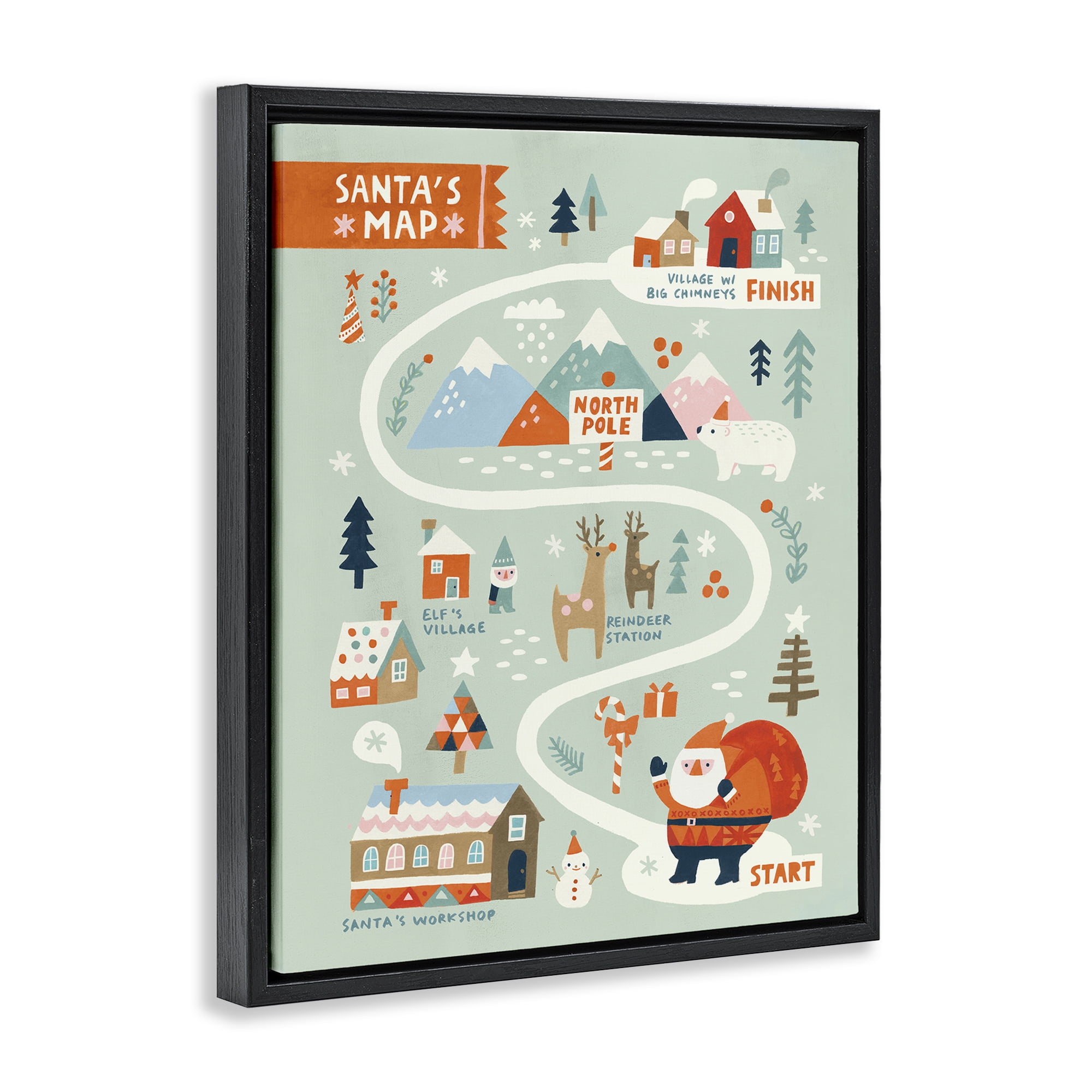 Stupell Industries Jolly Map Of North Pole Holiday Painting Black Floater Framed Canvas Art Prints Wall Art, 17 x 21