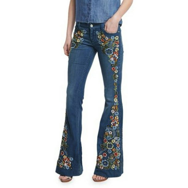 TopLLC Bell Bottom Jeans for Women Chic Floral Embroidered High-Rise Bell  Bottom Flare Jeans Broad Feet Long Denim Pants 