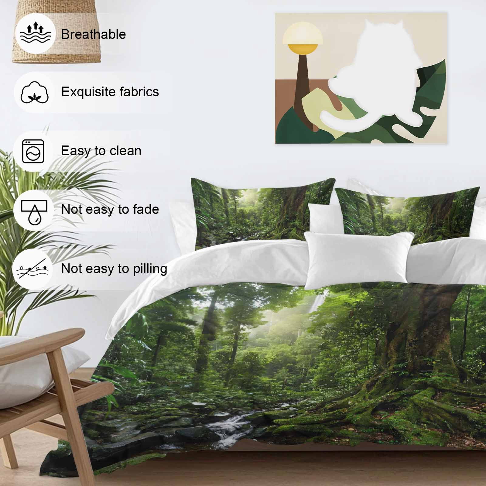 Forest Queen Duvet Cover Set, Landscapes Tree Streams 4 Piece Microfiber Bedding Set with Zipper Closure, Bed Sheet and 2 Pillow Shams, Soft Bedding Cover