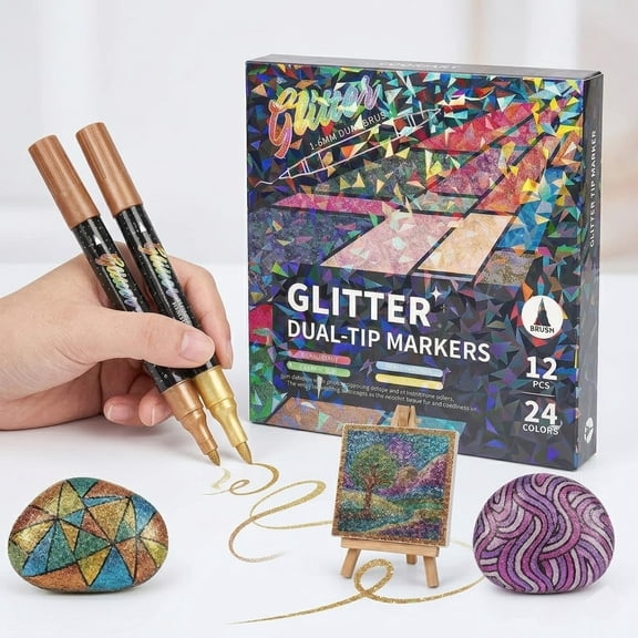 Dual Tip Glitter Brush Markers, 12Pcs 24 Colors Metallic Sparkle Pens for Doodle Writing, Coloring Books, Planners, & DIY Crafts(RL)