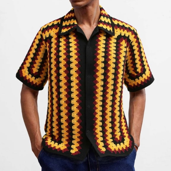 Timoontee Men's Men's Imitation Hand Hook Knitted Sweater Solid Color Summer Short Sleeved Cardigan Pullover Top Multicolor L